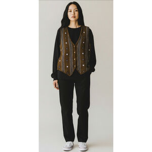 Vintage Kenji olive Knit Button Vest Heart Motif Cottagecore Boho S